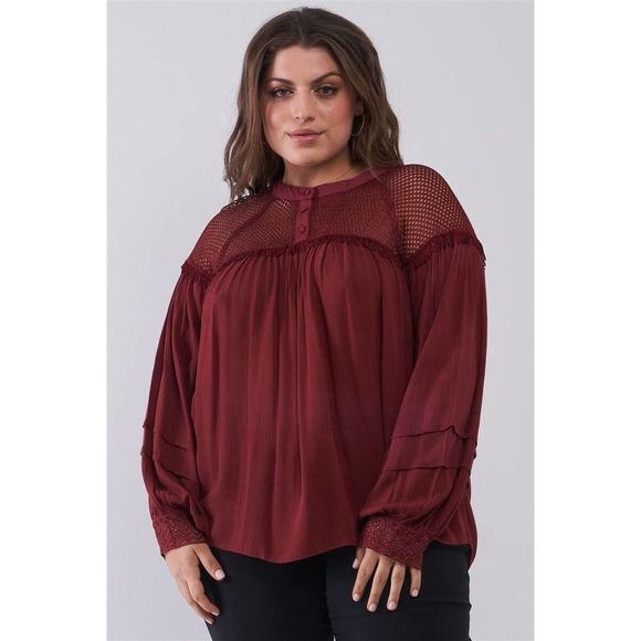 Plus Size Boho Sheer Net Mesh Balloon Sleeve Detail Relaxed Top - Picture 2 of 3